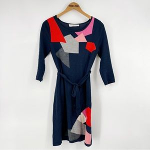 🛍️Trina Turk Color Block Merino Wool Tie Waist Knit Dress 3/4 Sleeves